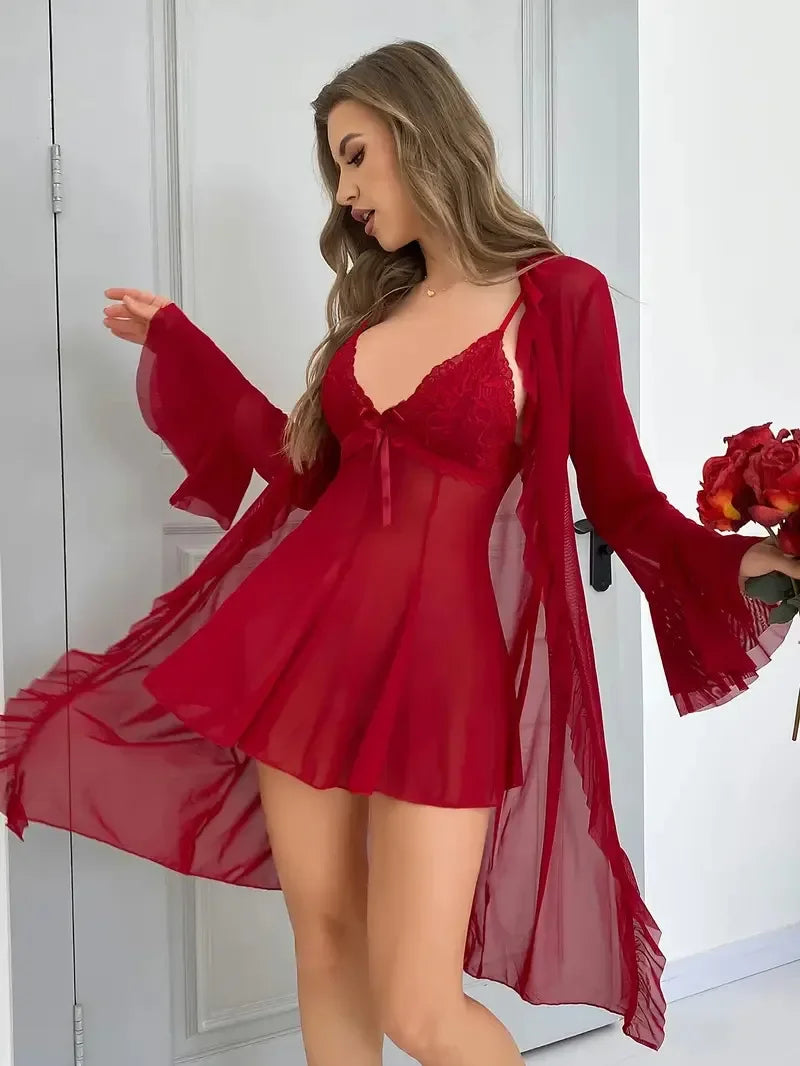chemise de nuit femme transparente court rouge