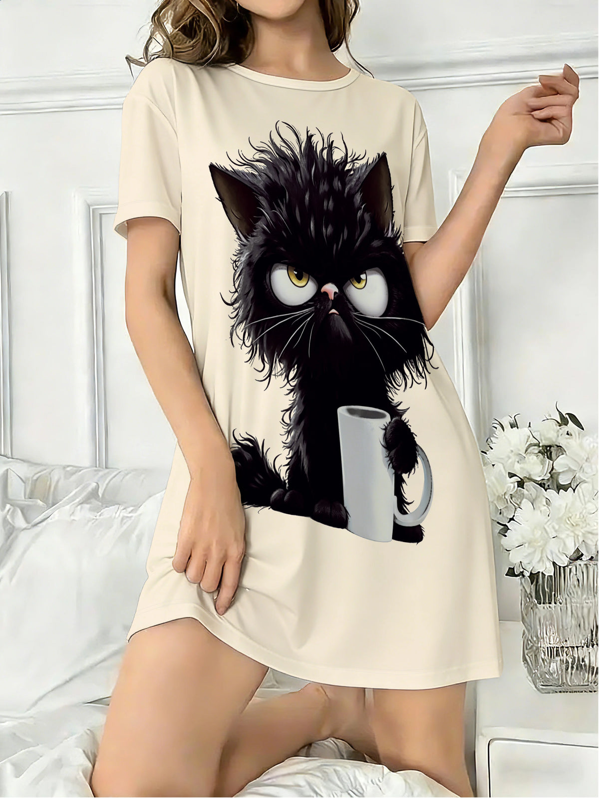 chemise de nuit femme motif chat